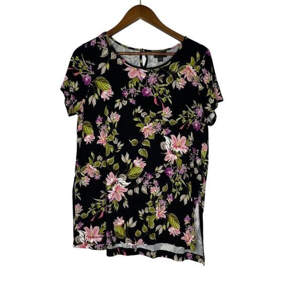 J Jill Wearever Collection Floral Top M Black Pink Short Sleeve Stretch Tee - Picture 1 of 6